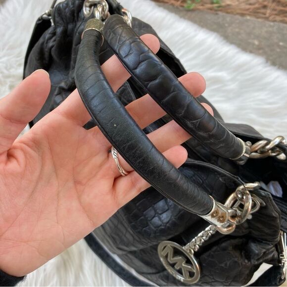 MICHAEL KORS Black Croc Embossed Chain Tote Shoulder Bag Bedford Selma Raven - Picture 2 of 11